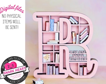 initial mini bookshelf, laser cut files for wood, grannycore gift for libriarian, letter R diy crafts for gifts, alphabet bookcase