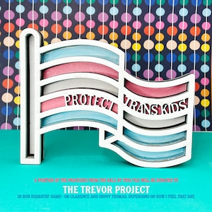 May include: A wooden cutout of a transgender pride flag with the words "Protect Trans Kids" on it. The flag is painted in the colors of the transgender pride flag: light blue, pink, white, light blue, pink. The flag is on a turquoise background.