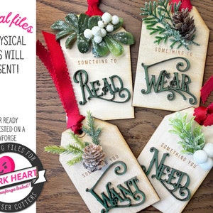 FICHIER NUMÉRIQUE, Something You Wear Need Want Read Tags, étiquette cadeau SVG, règle des quatre cadeaux, découpe laser-Glowforge, pour réunion de famille, exposition d'artisanat