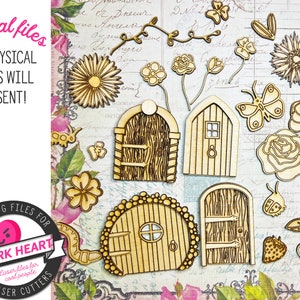 arquivo svg de porta de fada extravagante para Glowforge, presente de laser de porta de fada para menina, acessório de mini estante, design de duas camadas, com flores