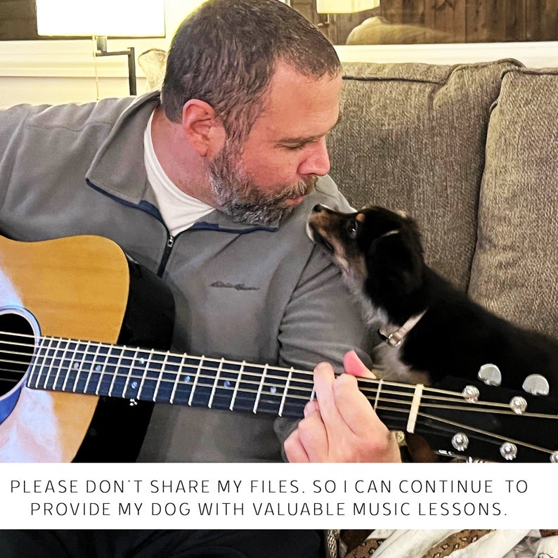 May include: A man plays an acoustic guitar while a black and white dog sits on his lap and looks up at him. The caption reads "PLEASE DON'T SHARE MY FILES. SO I CAN CONTINUE TO PROVIDE MY DOG WITH VALUABLE MUSIC LESSONS."