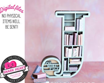 Letter J initial svg bookshelf ornament laser cut files for wood, grannycore gift for libriarian, diy crafts for gifts, alphabet ornament