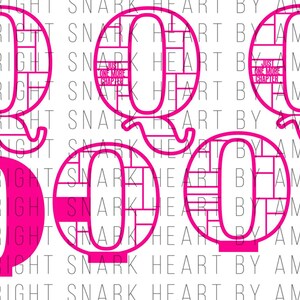 May include: Six hot pink letter Q designs are shown. Each Q is outlined and filled with a geometric pattern. The text "Just One More Chapter" is visible within some of the Qs. The words "Copyright Snark Heart By Amy Coe" are also visible.