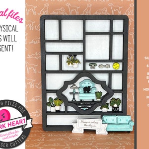May include: A digital download of SVG files for laser cutters featuring a dog-themed design. The design includes 36 dog silhouettes, 6 phrases, a banner, engraved phrases, house plants, furniture, and dog toys. The design is displayed on a black frame with a white background.