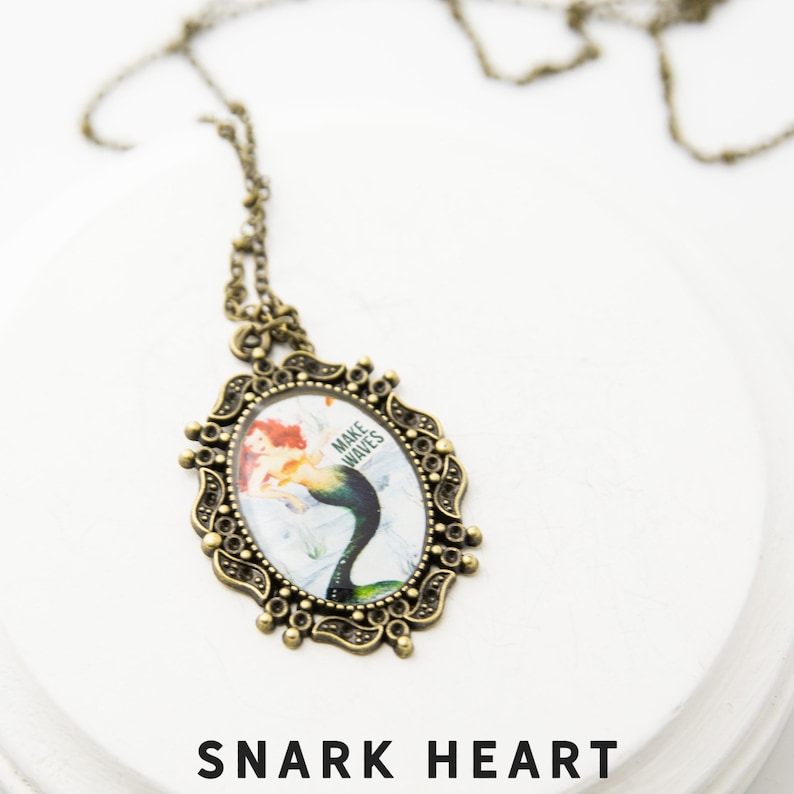 unique birthday gift snarky girls Mermaid Necklace make waves redhead siren oval brass charm
