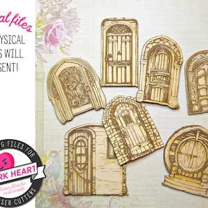 May include: Set of eight digital SVG files for laser cutting, featuring various door designs. The doors are drawn in a whimsical style with intricate details and are perfect for crafting projects.