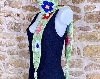 Handmade Mint Greem Granny Squares Daisy Scarf with Tassels- made with 100% cotton wool