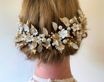 Double Strand White Leather and Gold Metal Garland / Headband / Headpiece -  bridal, festival, bridesmaid, boho, hippy, wedding. Free P&P