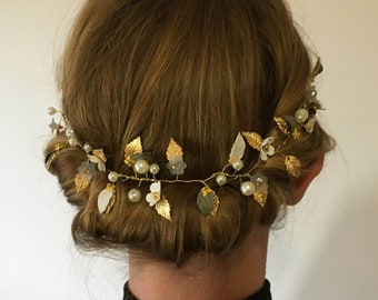 Gold metal hair garland / headband with leather and acrylic flowers - Boho, Bridal, Hippy, Beach. Free P&P