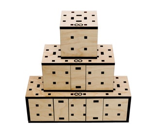 Zestaw drewnianych pudełek z łamigłówkami: Altair, Orion, Antares – logiczne łamigłówki 3D