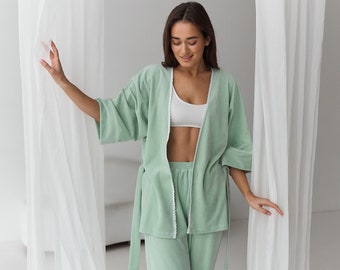 Cotton 100% pyjama set, cotton velour pajamas, pajama pants and kimono bathrobe,cotton fashion home pajama, Cozy Lounge Wear, women's PJ Set