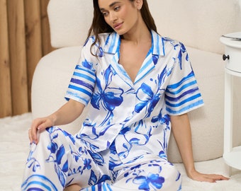 Silky Pajamas Luxury Leisurewear, womens pyjama set with two options Top and shorts or top and pants, Satin women's Pyjama Set, homewear