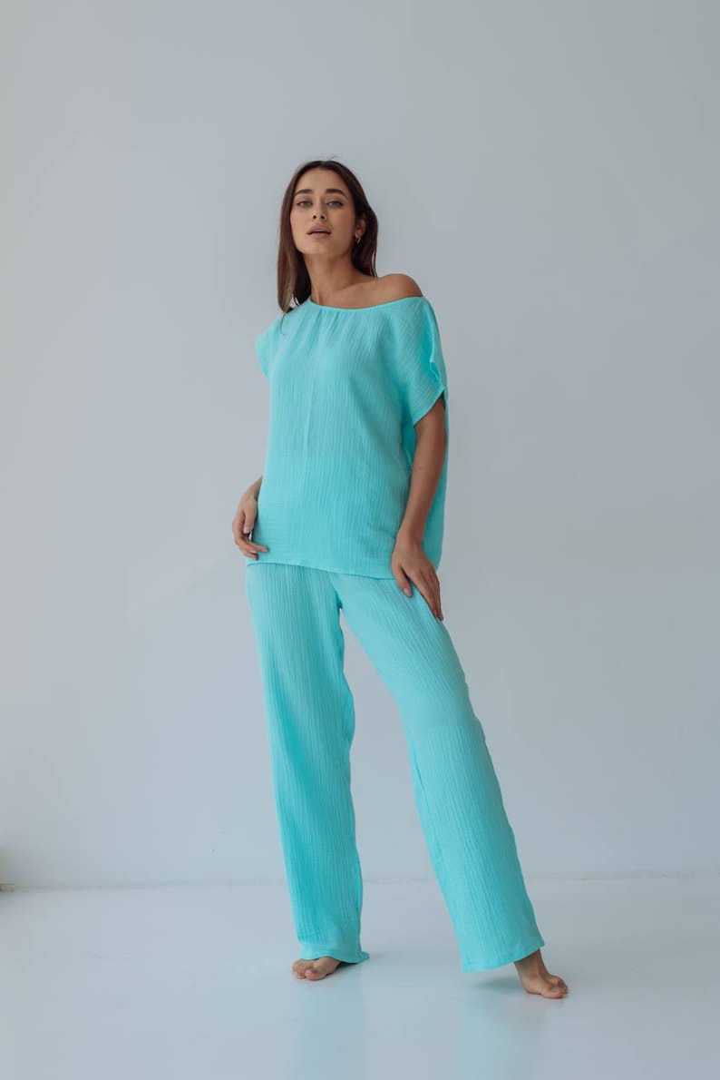 Womens gauze cotton pajama set women cotton short sleeves top and long bottoms set ladies cotton pajamas homewear pajama set 100% Cotton PJ image 6