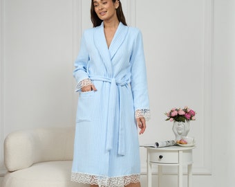 Light blue cotton women's bathrobe, cotton bathrobe decorated with lace, hand made rode, Mother's Day Gift, best homewear, natural bathrobe