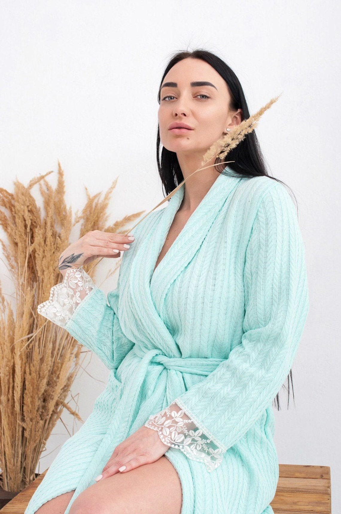 Mint color womens bathrobe bride robe cotton robe decorated Etsy