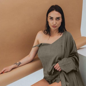 Bathrobe and pajamas natural linen / matching pajamas / home wear / pajama set / hand made linen bathrobe / wedding robe / linen loungewear