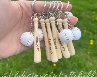 Personalized Baseball Keychain, Engraved Wooden Bat, Softball Keychain, Coach Gift, Tee Ball, Team Gift, Jersey Number Keychain, Sports Gift