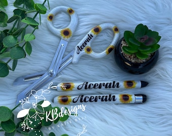 Sunflower medical set, Personalized shears, Personalized medical light pen, sunflower ink pen, Matching Nurse set, nursing student gift