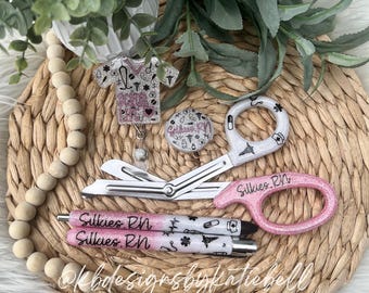 Personalized 5 Piece Medical Set, Glitter Pen, Glitter Penlight, Glitter Trauma Shears, Stethoscope ID tag, Badge Reel, Nurse Student, RN