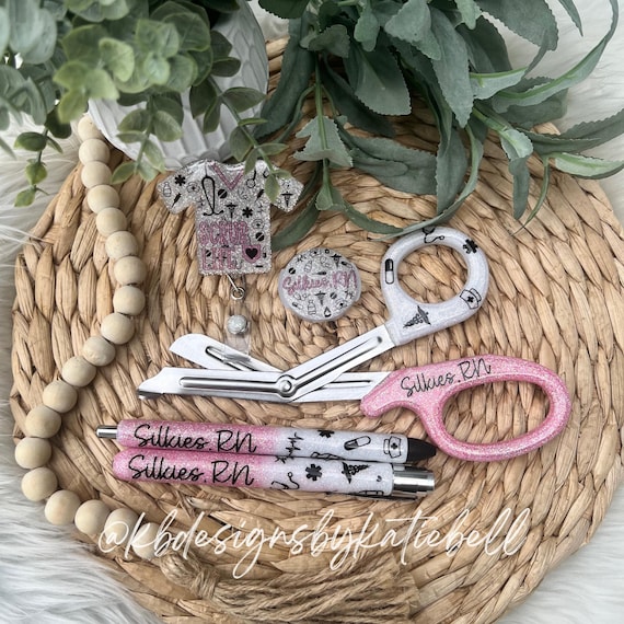 Personalized 5 Piece Medical Set, Glitter Pen, Glitter Penlight, Glitter Trauma Shears, Stethoscope ID tag, Badge Reel, Nurse Student, RN