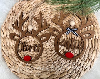 Custom Reindeer Ornament, Personalized Christmas Ornament, Reindeer with Name, Wooden Laser Cut Tree Decor, Wood Reindeer, Deer Ornament