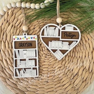 Engraved Bookshelf Ornament, Custom Tree Ornament, Wooden Bookshelf, Bookworm, Gift Idea for Reader, Book Lover, Gift for Reader, Books