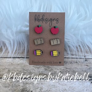 Teacher Earrings, School Earrings, Apple Earrings, Pencil Earrings, Ruler Earrings, School Accessories, Wood Earrings, Handmade Jewelry