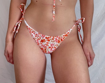 Orange & White Floral String Bikini Bottom | Floral Swimsuit Bottom, Handmade Bikini Bottom, Seamless Bikini, Women's Swimwear Bottom