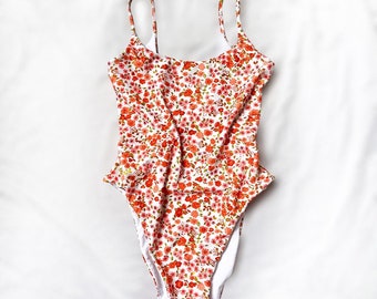 Orange & White Floral One Piece Swimsuit / Women's One Piece Swimsuit / Seamless Floral Swimsuit / Seamless Bikini / Handmade Bikini