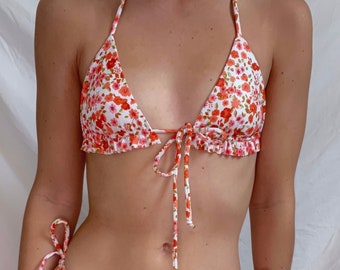 Orange & White Floral Ruffle Bikini Top | Triangle Bikini Top, Floral Bikini Top, Women's Swimsuit, Handmade Bikini Top, Seamless Bikini Top