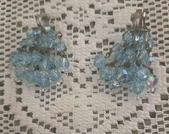 Bride Something Blue Shimmer Vintage Earrings Cluster Dangle Silver Tone Clip