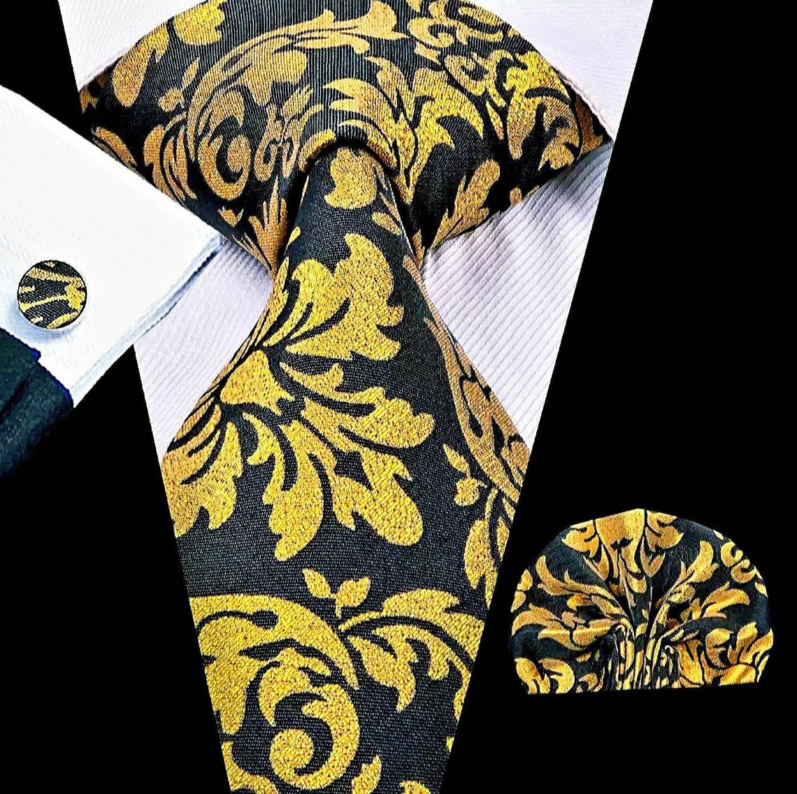 Men's Silk Necktie and Pocket Square With Woven Cufflink Etsy