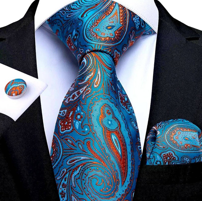 Men's Silk Necktie and Pocket Square With Woven Cufflink Etsy