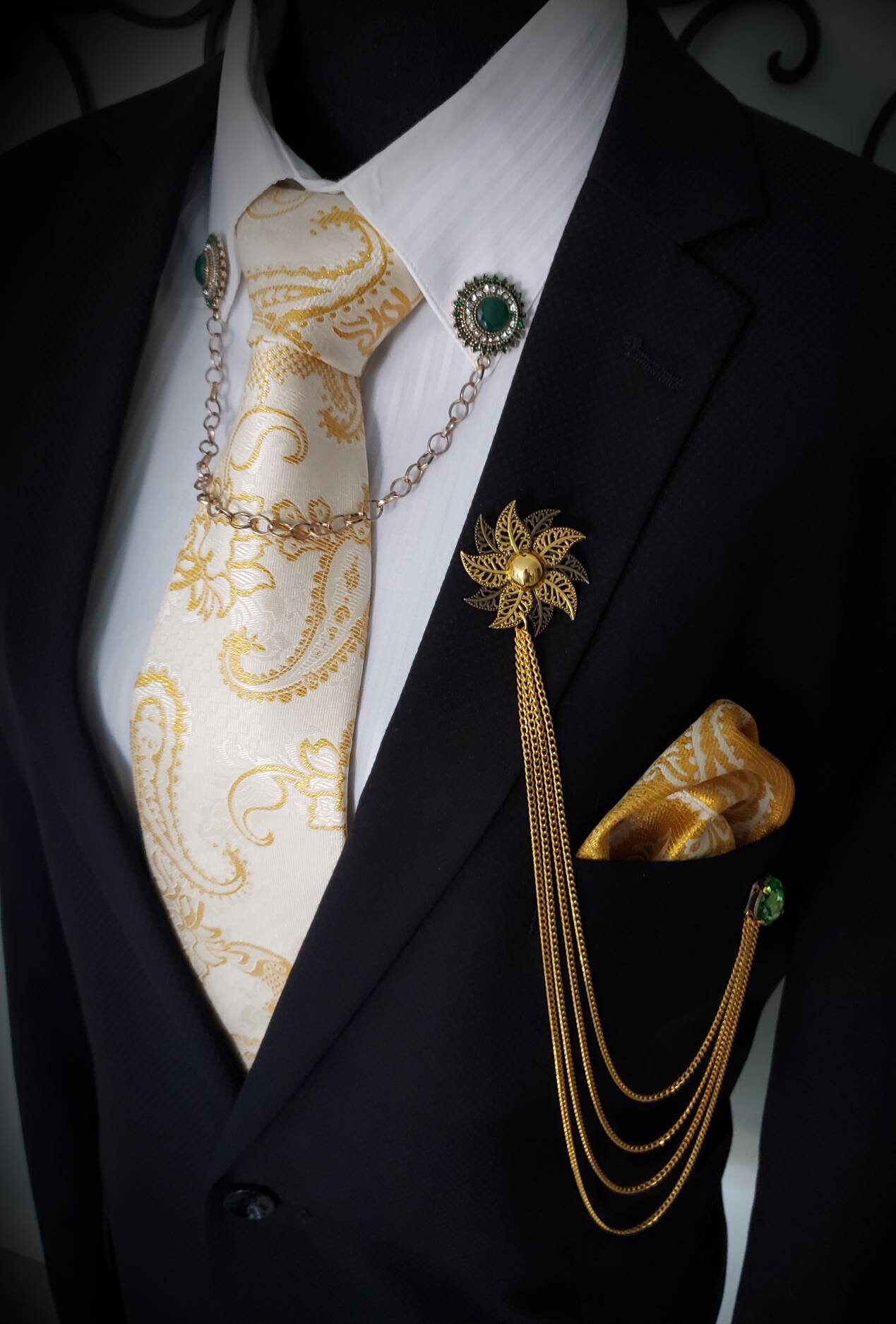 Elegant Flower Lapel Pin |  Badge with 4 Gold or Silver Chains | Crys…