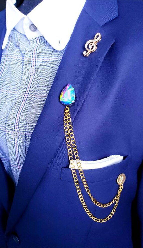 Elegant Multicolor Crystal Lapel Pin Badge With Gold Chains Etsy