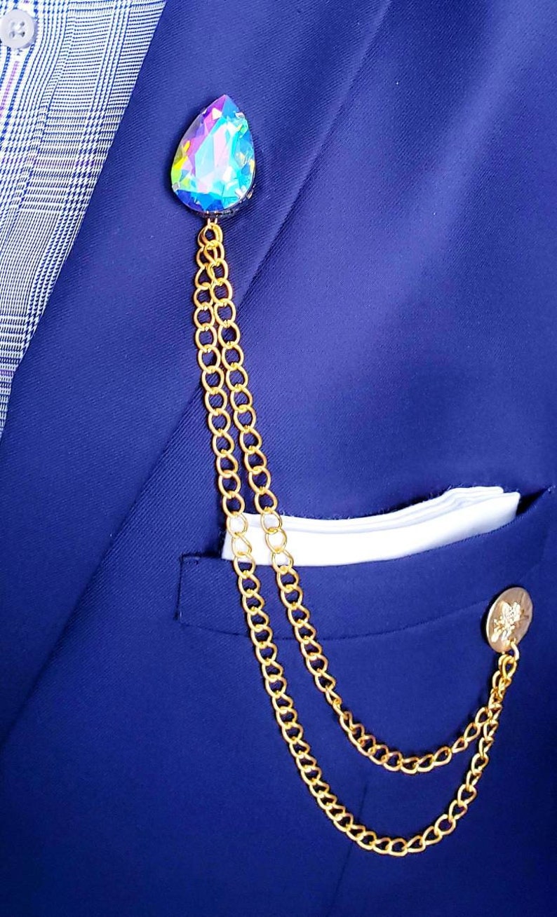 Elegant Multicolor Crystal Lapel Pin Badge With Gold Chains Etsy