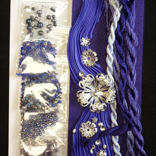 Shibori Bracelet Kit With Beads Findings Brazilian Embroidery - Purpley Blue