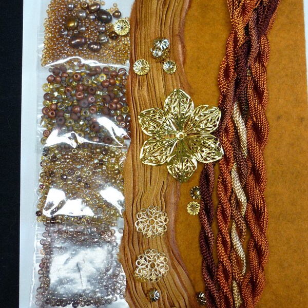 Shibori Bracelet Kit With Beads Findings Brazilian Embroidery - Chestnut