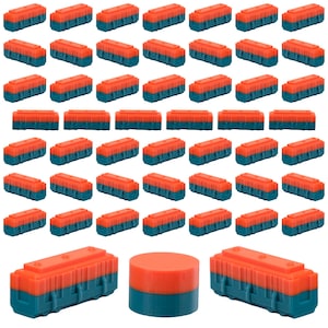 May include: An array of orange and teal-colored rectangular objects, possibly containers or building blocks, are arranged in a grid pattern. The objects have a two-tone design, with an orange top and a teal base. One cylindrical object is also visible.