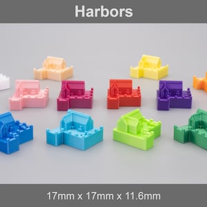 May include: Set of ten 3D printed harbor pieces in various colors, including white, pink, red, blue, green, yellow, and orange. Each piece measures 1.7 inches by 1.7 inches by 1.16 inches.