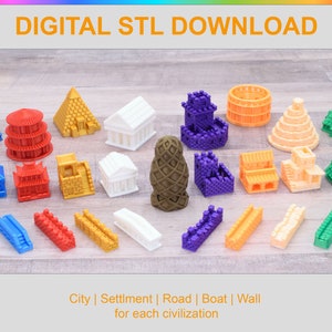 Puede incluir: Una colección de edificios y muros en miniatura impresos en 3D en varios colores, incluidos azul, rojo, dorado, blanco, morado, naranja y verde. Las miniaturas están etiquetadas como "Ciudad | Asentamiento | Camino | Barco | Muro para cada civilización".