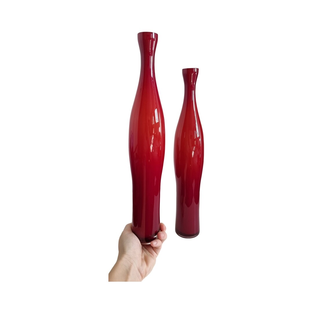Pair of Midcentury Tall Cased Art Glass Bud Vases in Deep Red Etsy