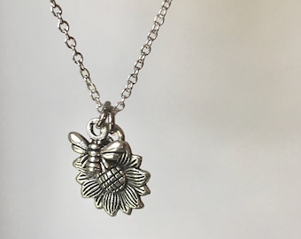 Sunflower Bee Necklace Sterling Silver • Friendship Gift • Sun Flower • 925 Sterling Chain • Dainty • BFF Jewelry Gift • Honeybee Necklace