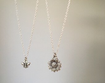 Set of 2 • Sunflower Bee Necklaces • Silver Jewelry • 925 Sterling Silver • Best Friend Gift • Minimalist Jewelry • Set of Two • Flower Bee