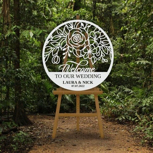 Welcome To Our Wedding, Wedding Welcome Sign Wood, Welcome To Our Beginning Sign, Wedding Welcome Sign on Easel, Round Wedding Sign