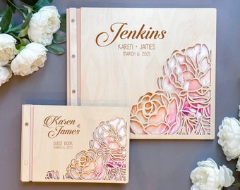 Wedding Guestbook, Peony Wedding, Wood Guestbook, Wedding Photo Album, Dusty Pink Wedding, Wooden Wedding Guest Book, Floral Guest Book