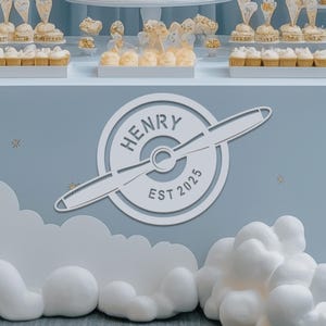 Cartello con nome dell'aeroplano per decorazioni murali sullo sfondo del baby shower, striscione di compleanno in legno con tema aviazione, decorazione con elica di aereo per la cameretta dei bambini