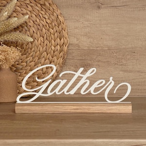 Gather sign for family dinner table, Wooden centerpiece, Thanksgiving tabletop decorations, Freestanding Gather lettering decor, Wood cutout