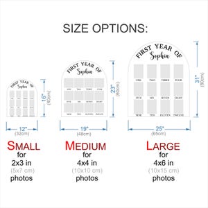 May include: Three sizes of arched photo display charts for a baby's first year.  The charts are white with black text, reading 'First Year Of [Name]' at the top.  Each chart has twelve numbered photo slots.  Small (12' x 16'), medium (19' x 23'), and large (25' x 31') sizes are shown, with photo size recommendations: 2x3', 4x4', and 4x6' respectively.  Measurements in inches and centimeters are provided.