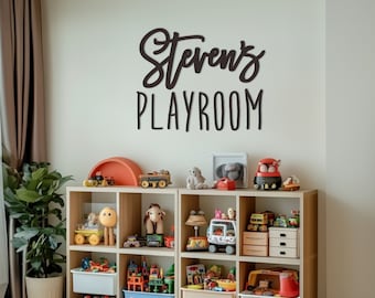 Personalized playroom sign for kids room wall decoration. 3D wooden letters for baby boy or girl nursery interior. Game room name decor.